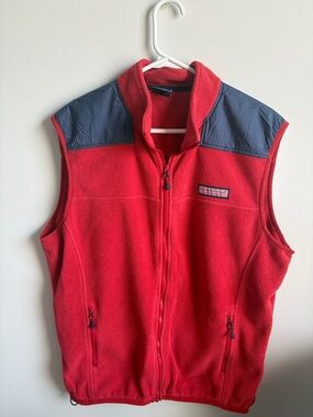 Vineyard Vines Red Fleece Vest with Navy Shoulder Panels